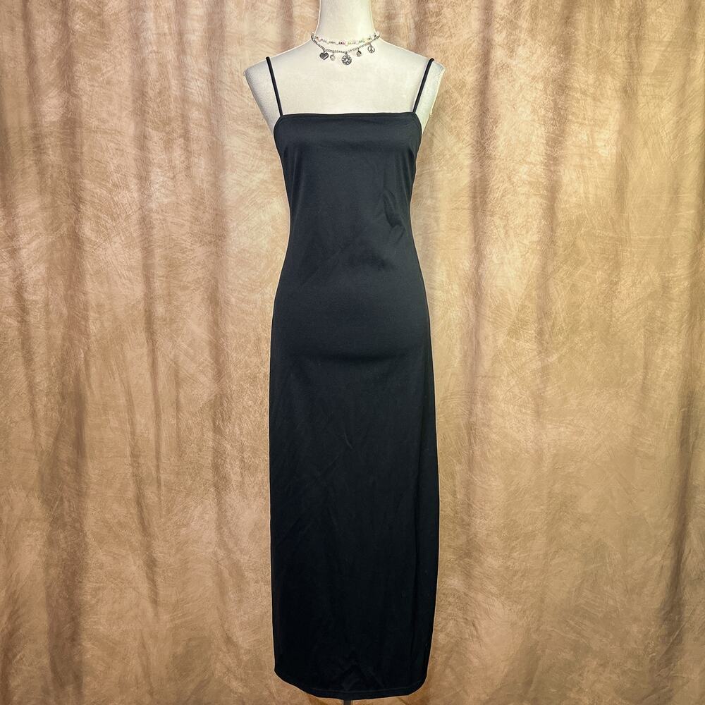 Vintage 90s Party Dress Black Sleeveless Spaghetti Strap Maxi Shift Square Neck